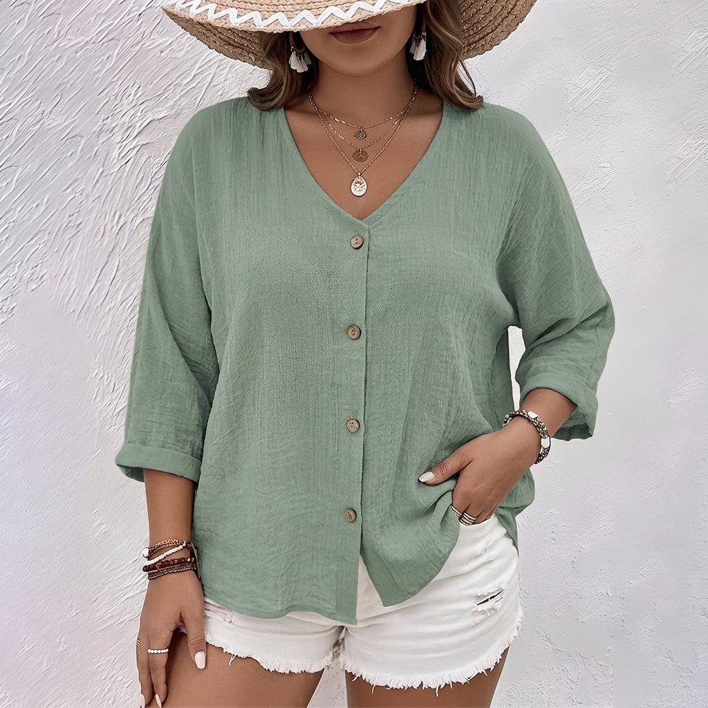 Women's Casual V-Neck Blouse with Roll-Tab Sleeves and Buttons
