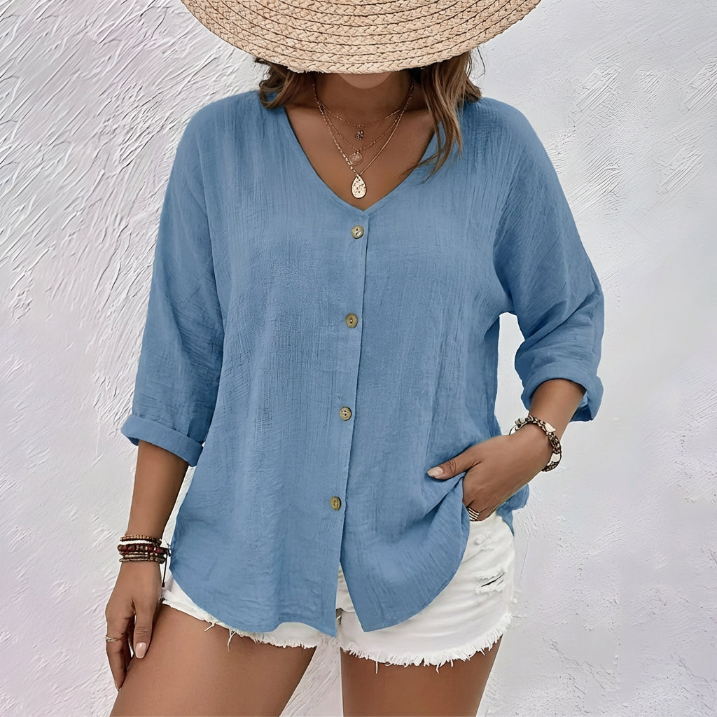 Women's Casual V-Neck Blouse with Roll-Tab Sleeves and Buttons