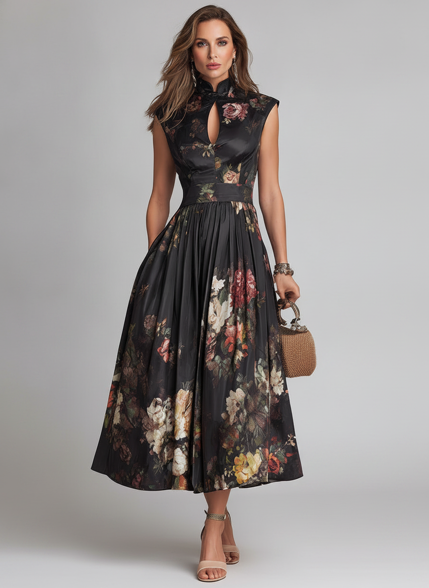 Elegant sort blomstret midikjole til kvinder