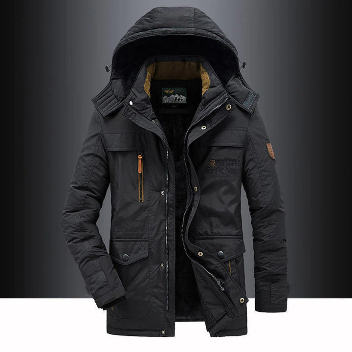 Insulated parka with adjustable hood for men