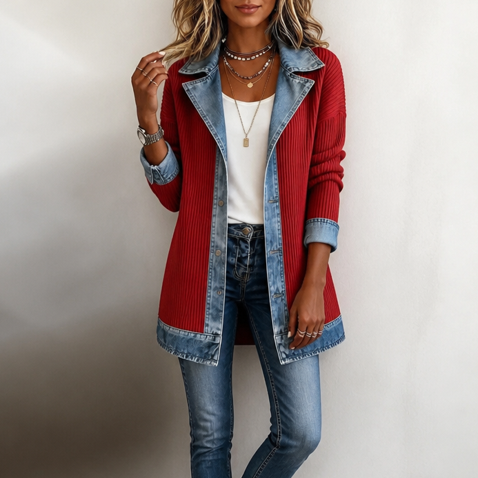 Rib-knit cardigan with denim details for women