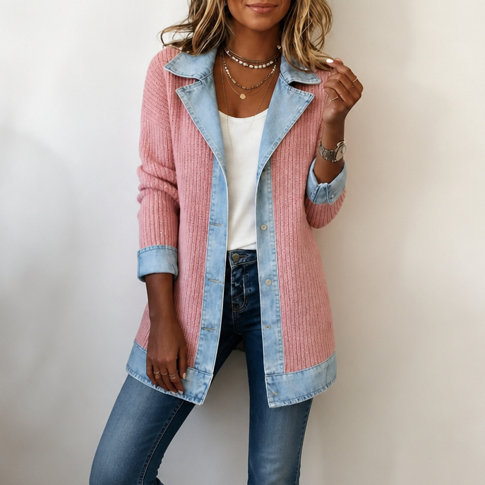 Rib-knit cardigan with denim details for women