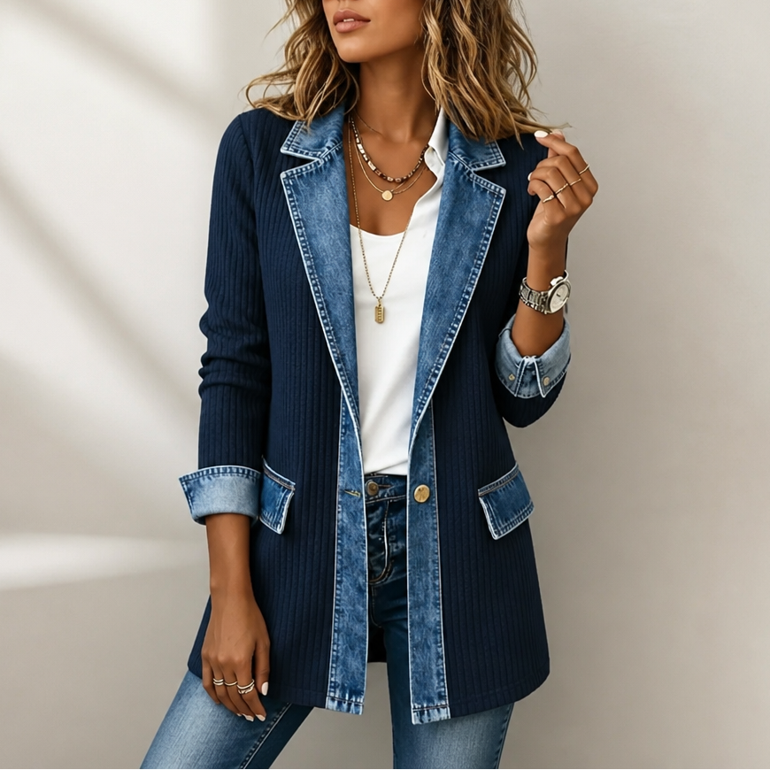Rib-knit cardigan with denim details for women