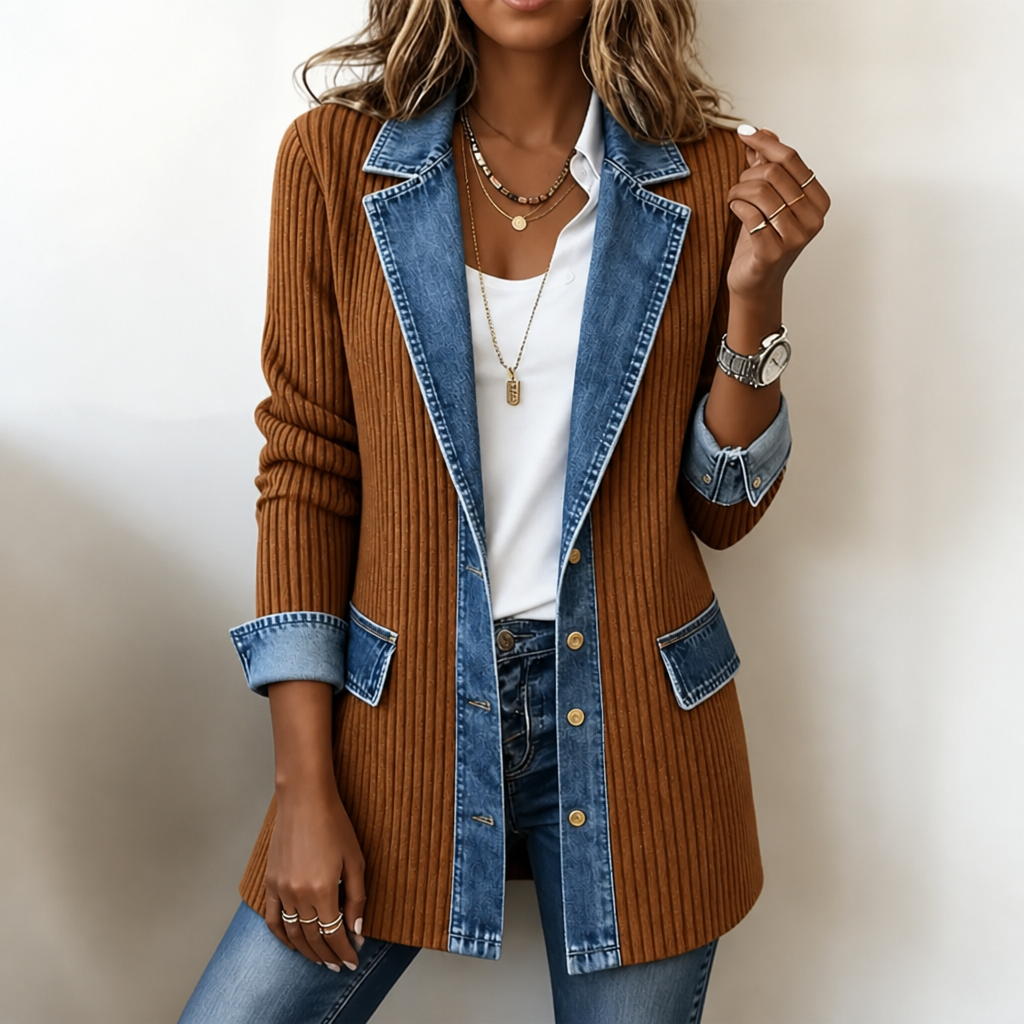 Rib-knit cardigan with denim details for women