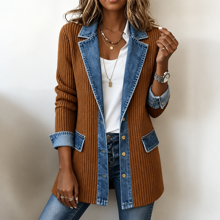Rib-knit cardigan with denim details for women