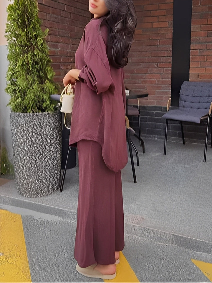 Two-Piece Set with Long-Sleeve Tie-Front Shirt and Skirt for Women