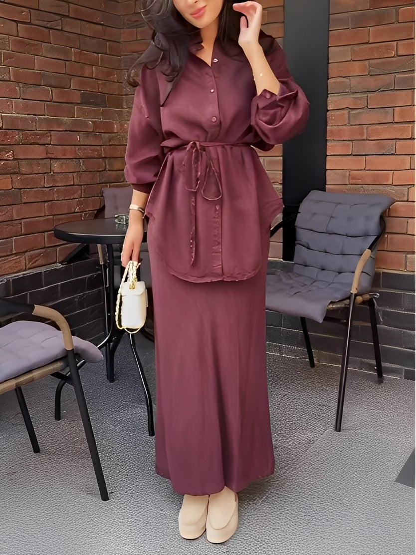 Two-Piece Set with Long-Sleeve Tie-Front Shirt and Skirt for Women