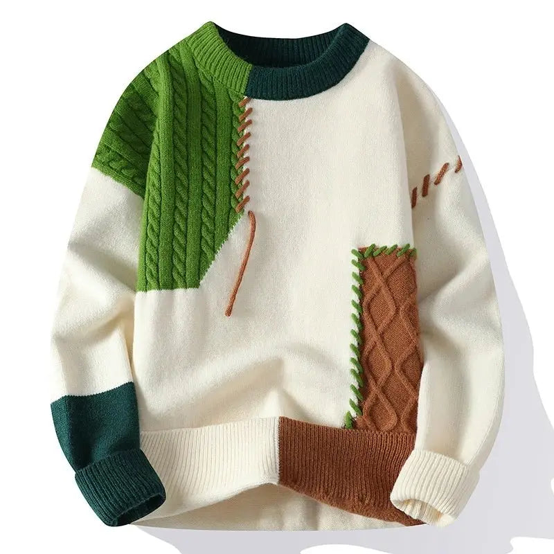 Men's Long-Sleeve Color-Block Sweater with Textured Finish