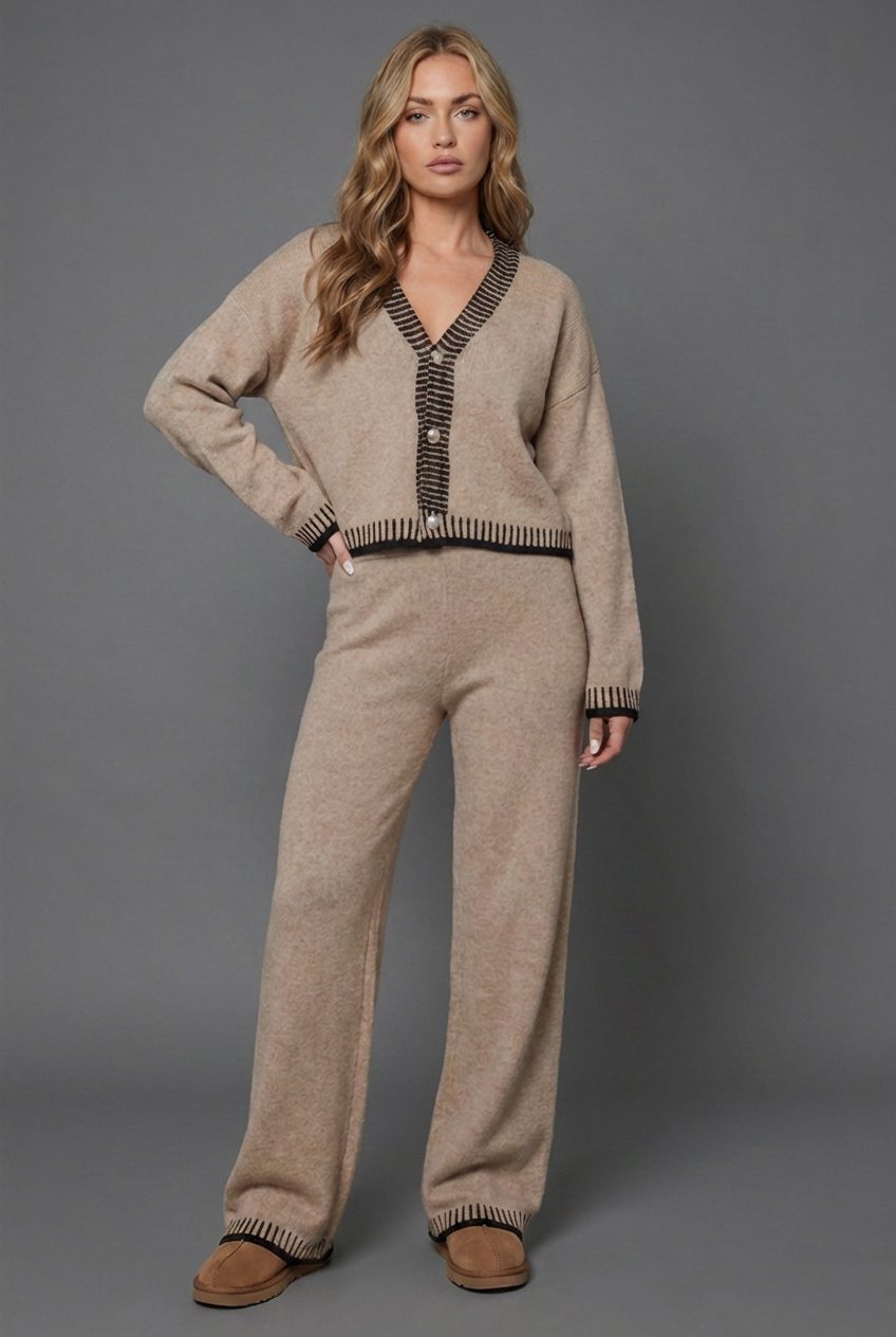 Women's Knit Set with Cardigan and Wide-Leg Pants