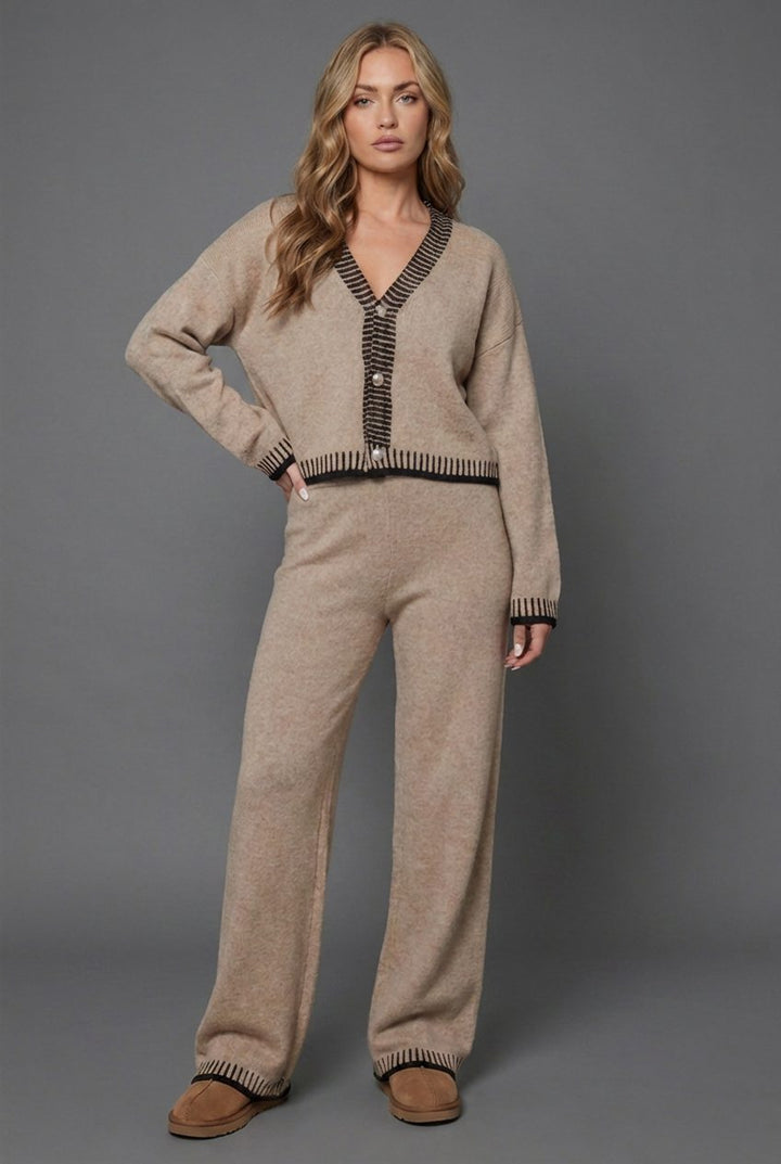Women's Knit Set with Cardigan and Wide-Leg Pants
