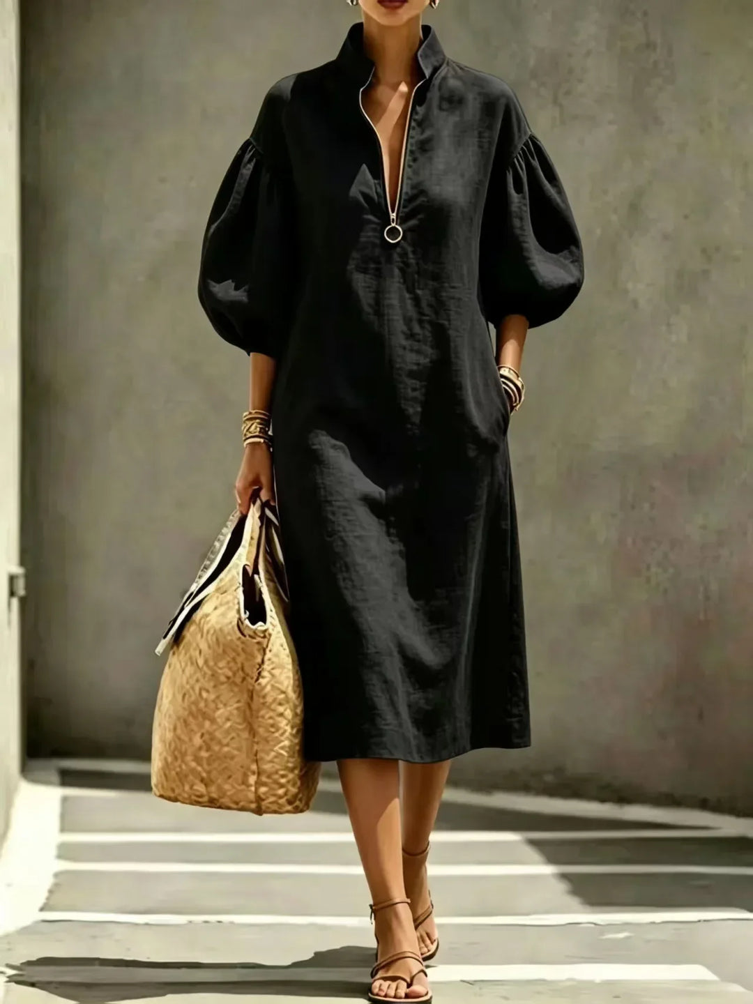 Half-Zip Midi Dress with Puff Sleeves for Women