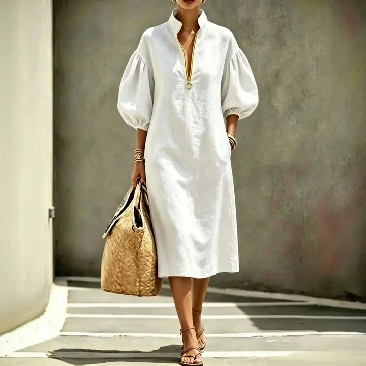 Half-Zip Midi Dress with Puff Sleeves for Women