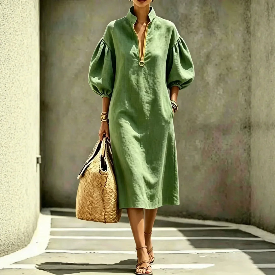 Half-Zip Midi Dress with Puff Sleeves for Women