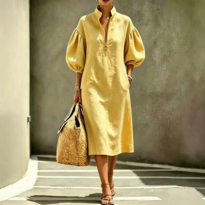 Half-Zip Midi Dress with Puff Sleeves for Women