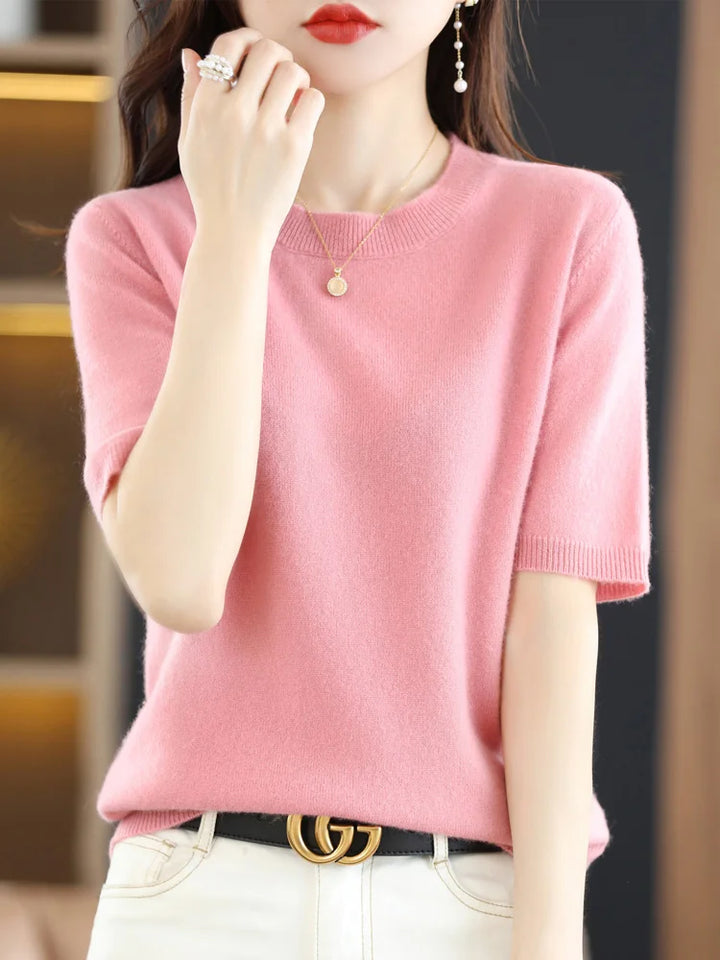 Crew Neck Knit Top with Short Sleeves and Regular Fit for Women