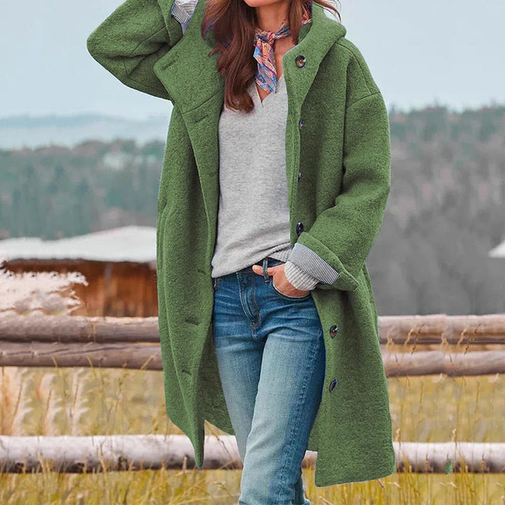 Wool-blend hooded coat with button closure and classic collar for women