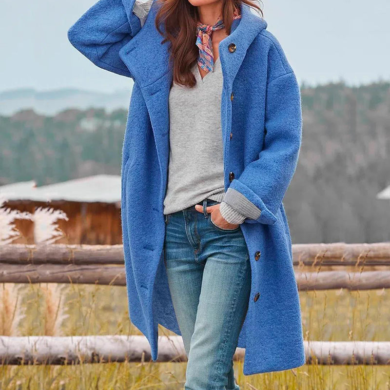 Wool-blend hooded coat with button closure and classic collar for women