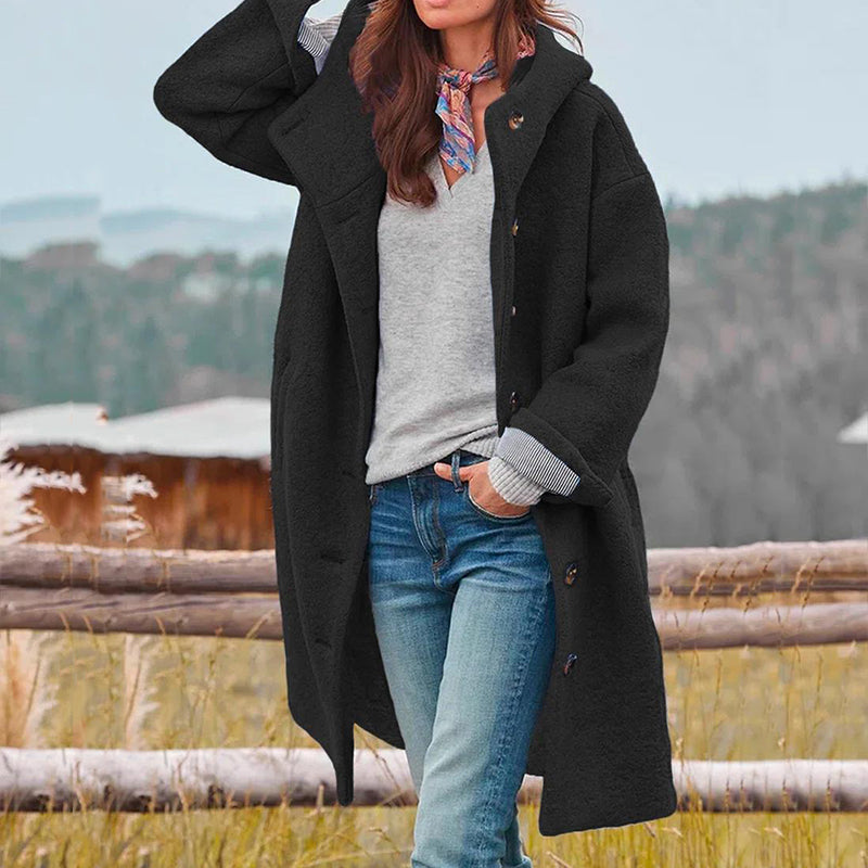 Wool-blend hooded coat with button closure and classic collar for women