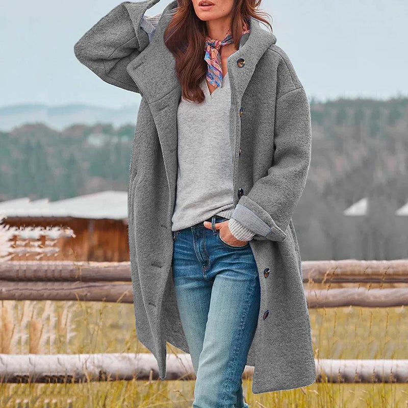 Wool-blend hooded coat with button closure and classic collar for women