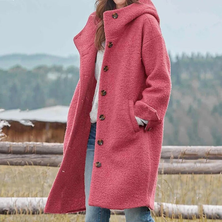 Wool-blend hooded coat with button closure and classic collar for women