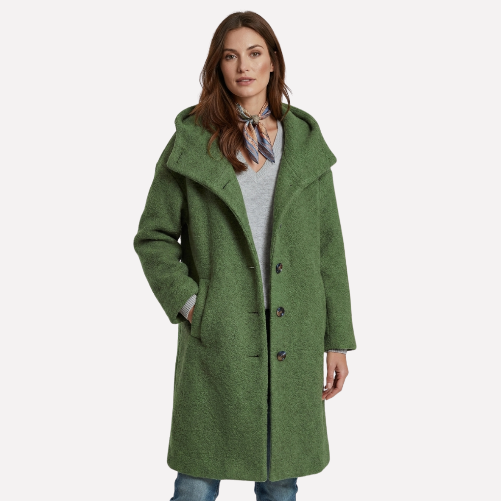 Wool-blend hooded coat with button closure and classic collar for women