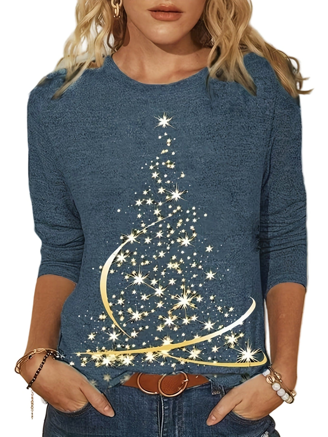 Long-Sleeved T-Shirt with Christmas Tree Print for Women