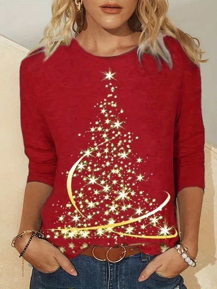 Long-Sleeved T-Shirt with Christmas Tree Print for Women