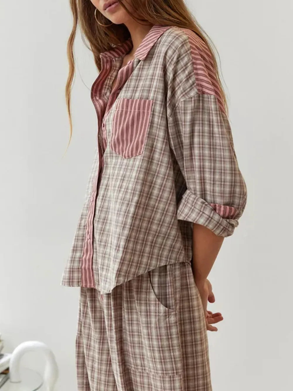 Women's Pajama Set with Button Closure and Long Sleeves