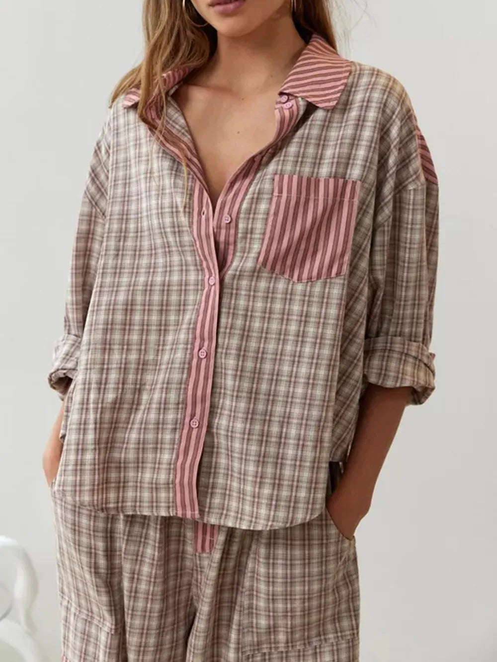 Women's Pajama Set with Button Closure and Long Sleeves