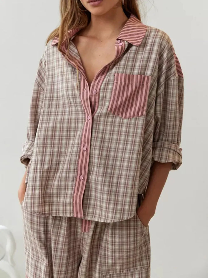 Women's Pajama Set with Button Closure and Long Sleeves