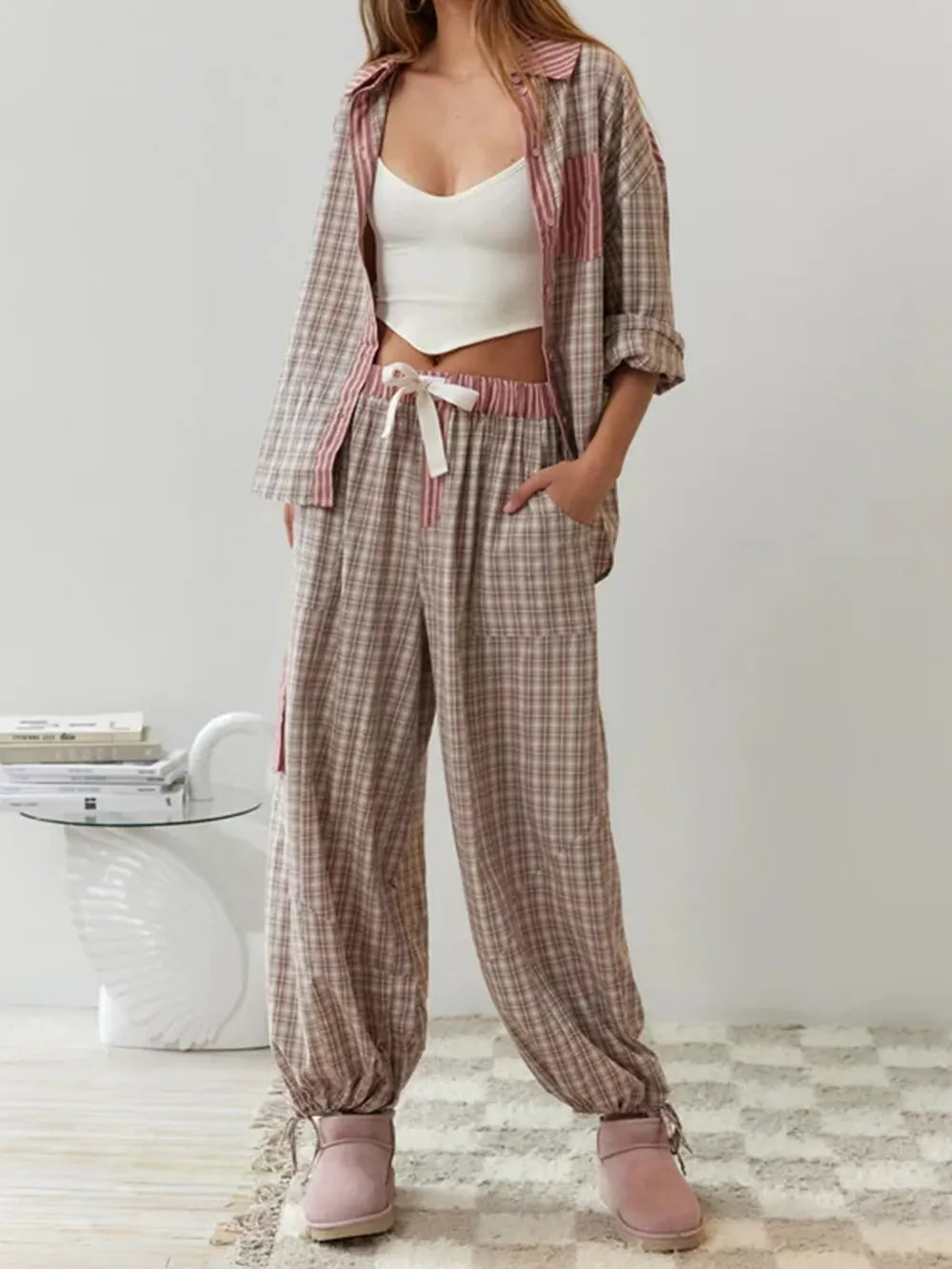 Women's Pajama Set with Button Closure and Long Sleeves