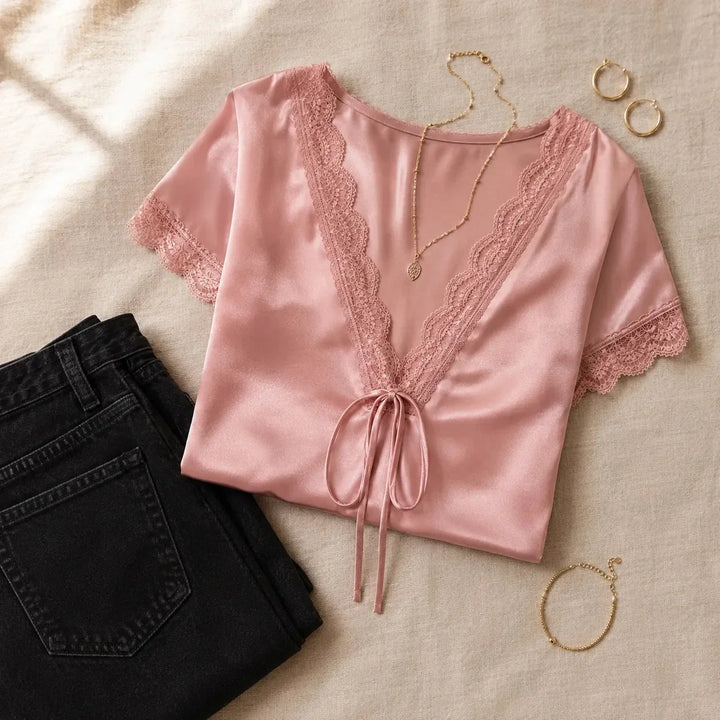 Blonde blouse with V-neck and tie strings for women
