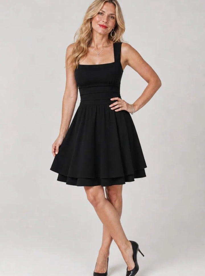 Cocktail Mini Dress with Square Neckline, Ruched Waist, and A-Line Cut for Women