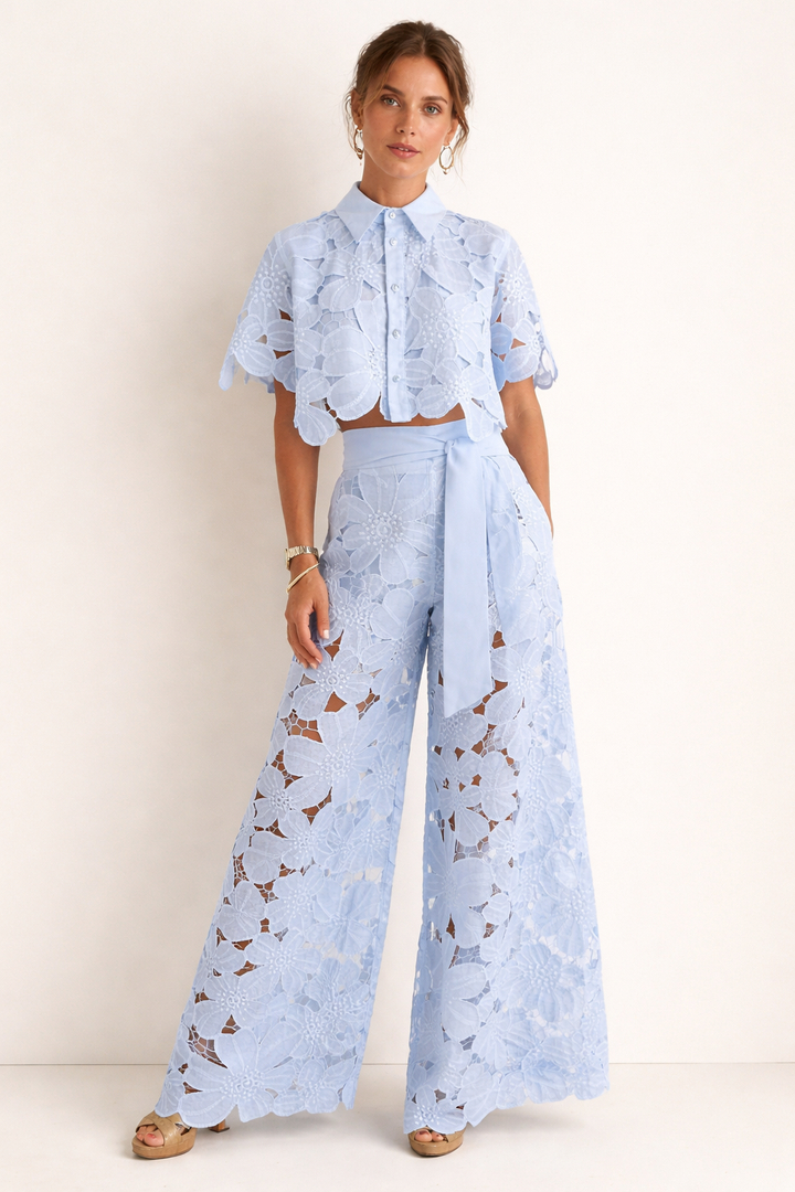 Summer Set with Blouse and Wide-Leg Pants for Women