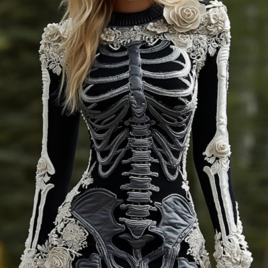 Bodycon-minikjole til kvinder med skeletprint og lange ærmer