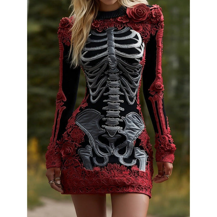 Bodycon-minikjole til kvinder med skeletprint og lange ærmer