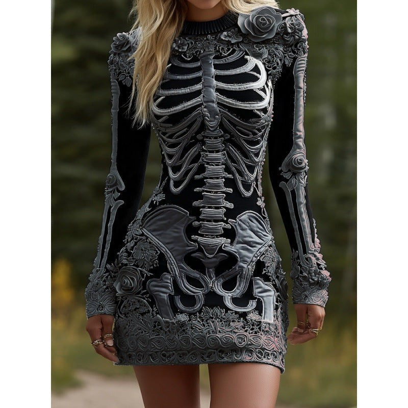 Bodycon-minikjole til kvinder med skeletprint og lange ærmer