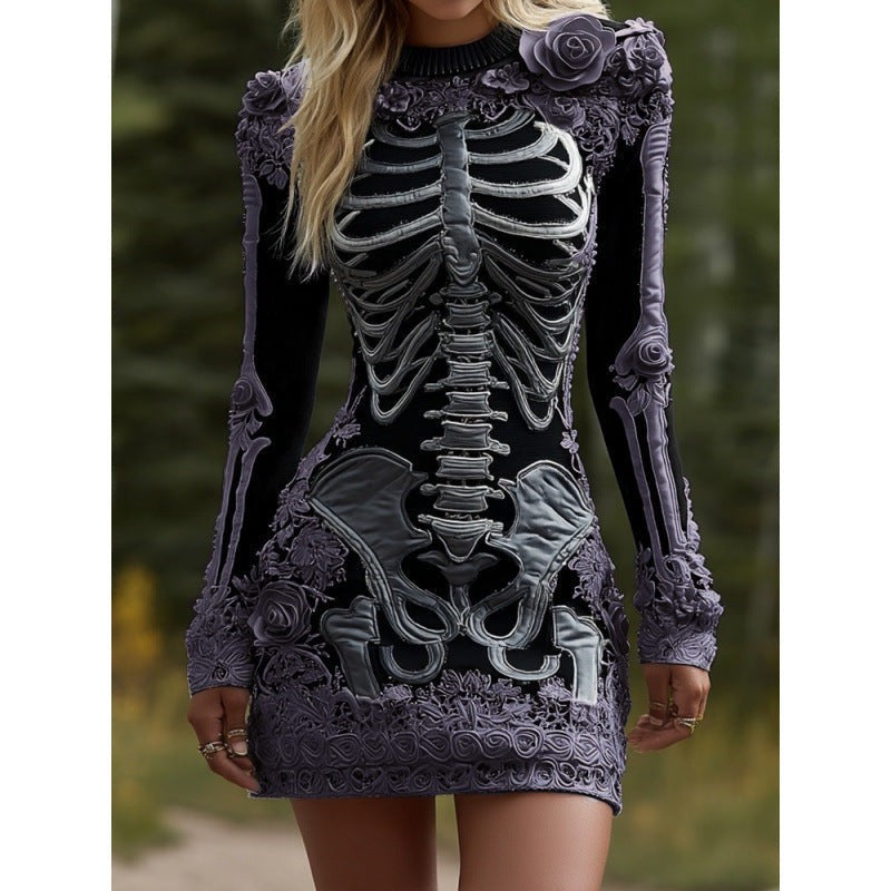 Bodycon-minikjole til kvinder med skeletprint og lange ærmer
