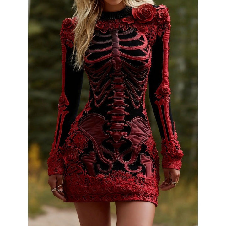 Bodycon-minikjole til kvinder med skeletprint og lange ærmer