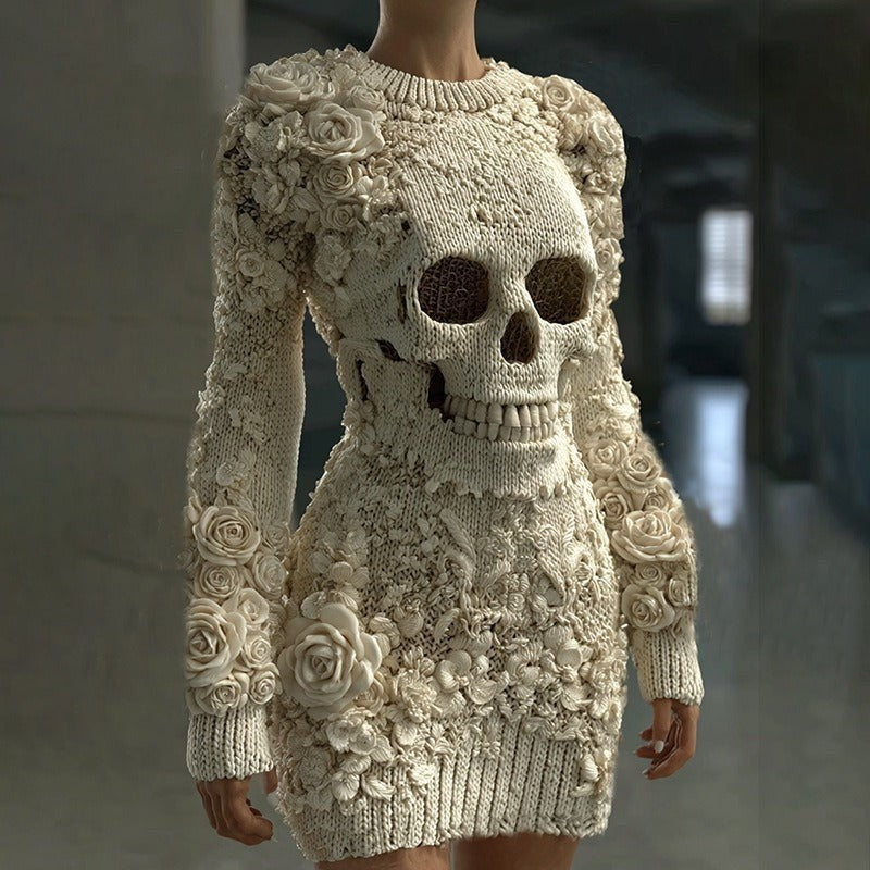 Bodycon-minikjole til kvinder med skeletprint og lange ærmer