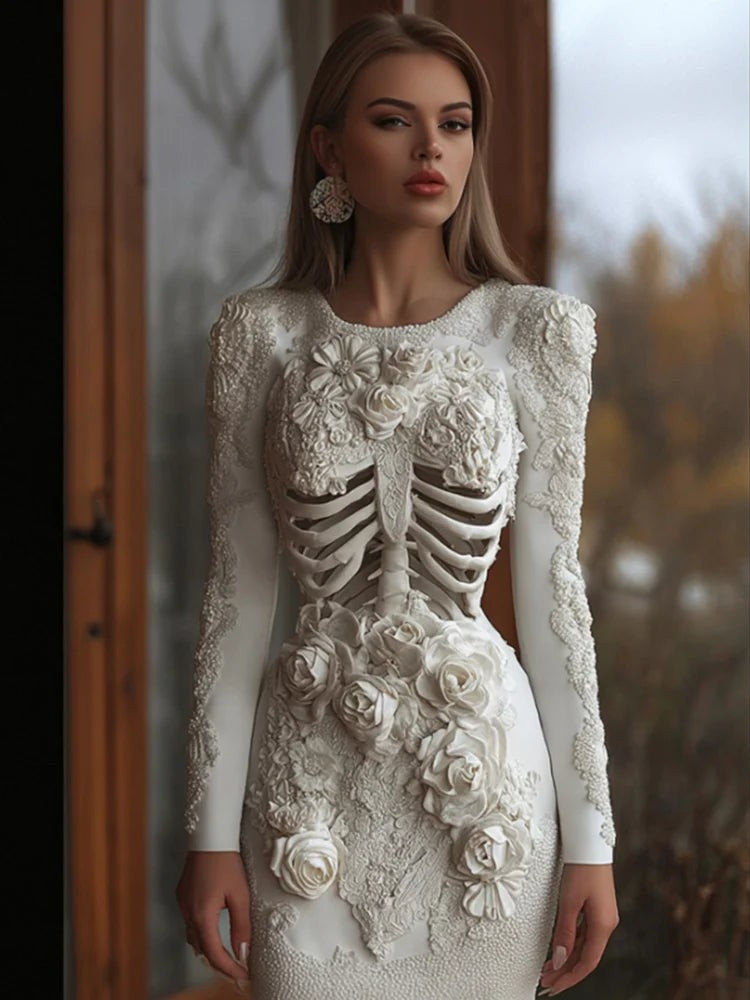 Bodycon-minikjole til kvinder med skeletprint og lange ærmer