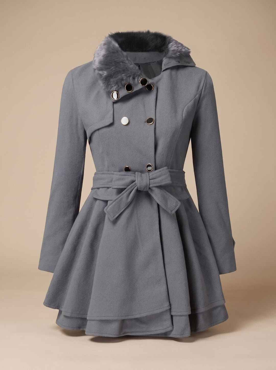 Wool Blend Cape with Fur Collar and Belt for Women