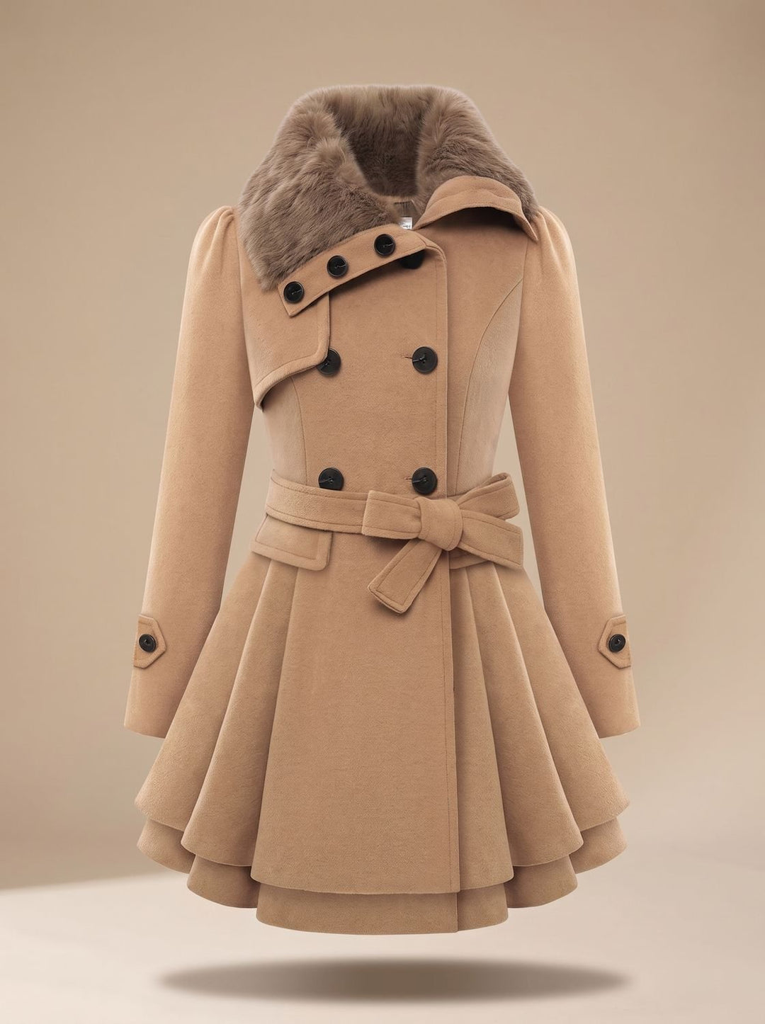 Wool Blend Cape with Fur Collar and Belt for Women