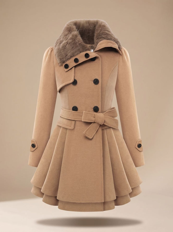 Wool Blend Cape with Fur Collar and Belt for Women