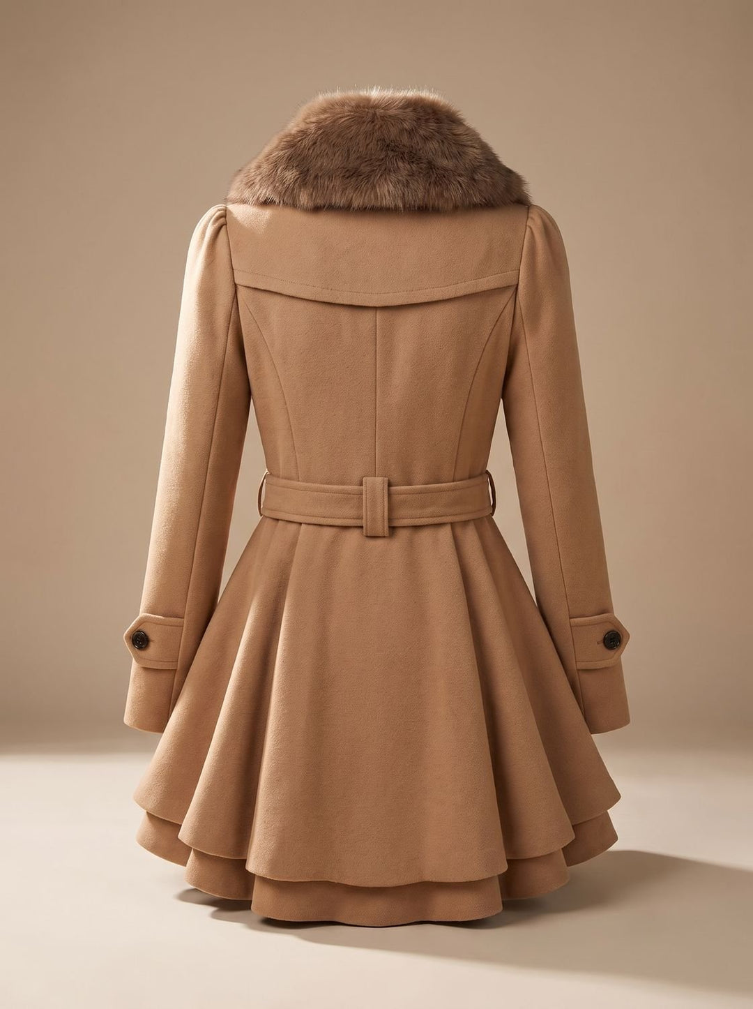 Wool Blend Cape with Fur Collar and Belt for Women
