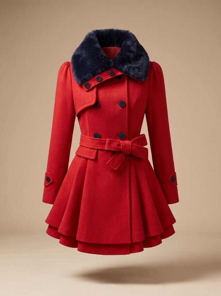 Wool Blend Cape with Fur Collar and Belt for Women