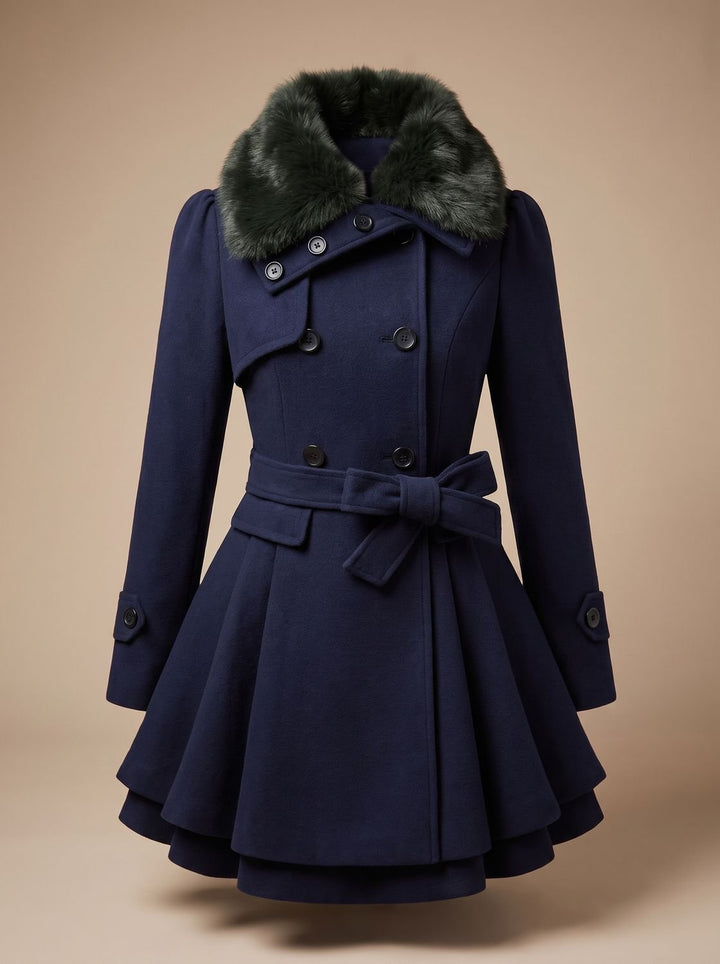 Wool Blend Cape with Fur Collar and Belt for Women