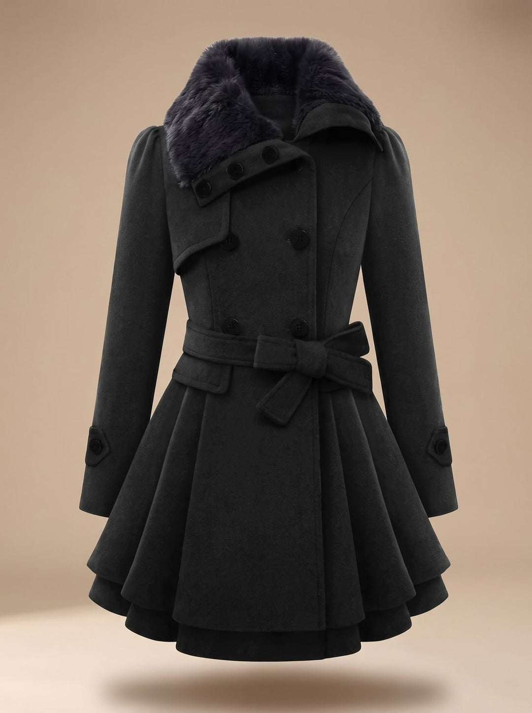 Wool Blend Cape with Fur Collar and Belt for Women
