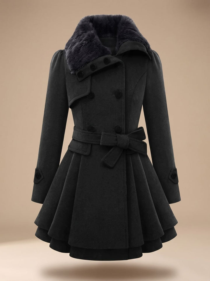 Wool Blend Cape with Fur Collar and Belt for Women
