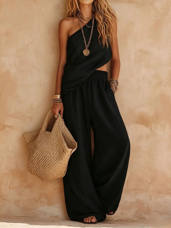 Women's One-Shoulder Sleeveless Top and Pants Set